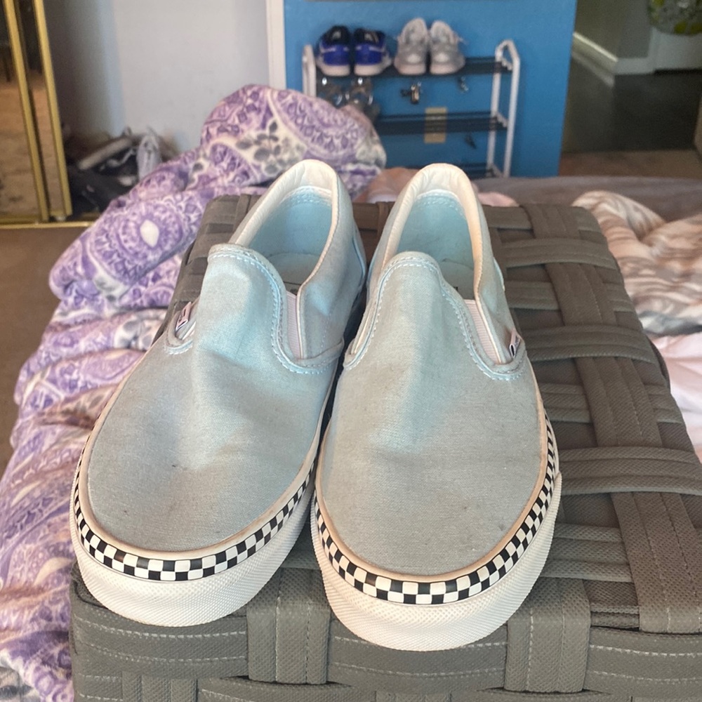 Blue checkered slip on vans